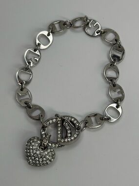 Christian Dior Vtg Crystal Heart Charm Link Bracelet
